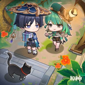 1boy 1girl animal_print arm_at_side armor artist_name belt beret bird_print black_belt black_bridal_gauntlets black_hair black_hat black_sandals black_shorts blonde_hair blue_cape blue_hat blunt_bangs blunt_ends bow box bridal_gauntlets brown_shoes brown_shorts cape chain chibi closed_mouth colored_inner_hair copyright_name eyeliner eyeshadow facebook_logo facebook_username feathers furisode genshin_impact gift gift_box gold gold_chain green_bow green_hair green_hat green_shirt grey_eyes grey_shirt grey_sleeves hakama hakama_shorts hat hat_chain highres holding holding_gift instagram_logo instagram_username japanese_armor japanese_clothes jingasa kimono kote kurokote lamppost leg_warmers lic_617 long_hair looking_at_another makeup middle_ring midriff multicolored_hair oc_x_canon open_hand open_hands open_mouth outdoors outstretched_arm parody pleated_shorts pom_pom_(clothes) pouch purple_eyes purple_pupils red_eyeliner red_eyeshadow sandals scaramouche_(genshin_impact) shirt shoes shorts sleeves_past_wrists style_parody swept_bangs tassel thigh_pouch thigh_strap tree twitter_username twitter_x_logo two-sided_fabric two-tone_hat wanderer_(genshin_impact) watermark watermark_grid white_leg_warmers white_trim wispy_bangs yellow_feathers zouri