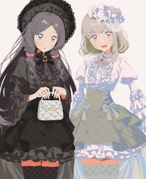 2girls bag black_dress black_hair black_skirt black_thighhighs bonnet center_frills dress frilled_dress frilled_sleeves frills green_skirt handbag high-waist_skirt highres juliet_sleeves kimi_to_idol_precure long_hair long_sleeves looking_at_viewer low_twintails meroron_(civilian)_(precure) meroron_(precure) multiple_girls musical_note petticoat precure puffy_sleeves purirun_(civilian)_(precure) purirun_(precure) purple_eyes red_eyes ribbon short_hair short_hair_with_long_locks simple_background single_sidelock skirt smile tanaka_meron tanaka_purin thighhighs twintails white_background white_dress white_hair white_thighhighs yamaguchi_haruka_(tenpiboshi) zettai_ryouiki
