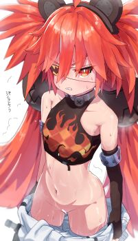 1girl animal_ears bar_censor bare_shoulders bear_ears black_gloves blush breasts censored clenched_teeth commentary_request crop_top eyepatch fake_animal_ears fingerless_gloves gloves groin hair_ornament highres holding koleda_belobog kuragesensei loli long_hair looking_at_viewer navel no_panties pants red_eyes red_hair sharp_teeth sleeveless small_breasts solo sphere_hair_ornament steam steaming_body sweat teeth twintails undressing very_long_hair very_sweaty white_background zenless_zone_zero