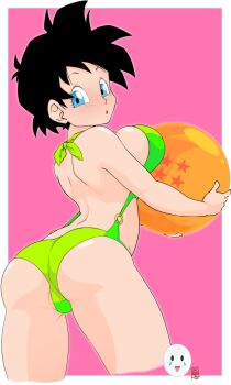 1girl absurdres ass back black_hair blue_eyes blush breasts caisama dragon_ball dragon_ball_(object) dragonball_z highres large_breasts short_hair swimsuit videl