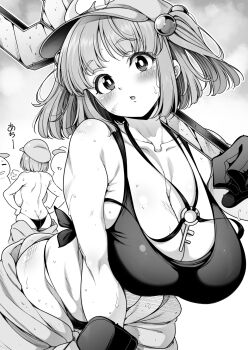 1girl alternate_breast_size_(larger) blush breasts cleavage collarbone commentary_request gloves greyscale hair_bobbles hair_ornament hat highres huge_breasts jewelry kawashiro_nitori key key_necklace looking_at_viewer monochrome necklace shirokuma_(nankyoku) short_hair sweat topless_female touhou