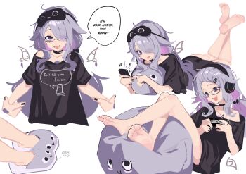 barefoot black_nails controller eye_mask feet glasses headphones hololive hololive_english koseki_bijou long_hair mask old_metal_666 phone purple_eyes purple_hair shirt slippers soles t-shirt tagme toes