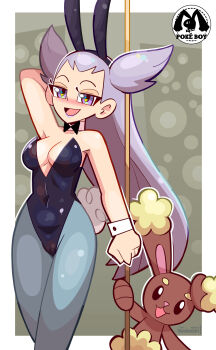 1girl ahoge animal_ears arm_at_side arm_behind_head arm_up artist_name bare_shoulders black_bow black_bowtie black_leotard blackcatart blue_pantyhose blush bow bowtie breasts buneary cameltoe cleavage collar collarbone covered_navel detached_collar fake_animal_ears fake_tail feet_out_of_frame gen_4_pokemon grey_background half-closed_eyes leotard lipstick looking_at_viewer makeup medium_breasts naughty_face nintendo open_mouth pantyhose pink_hair playboy_bunny pokemon pokemon_(creature) pokemon_omega_ruby_and_alpha_sapphire pole_dancing purple_eyes purple_lips rabbit_ears rabbit_tail simple_background smile solo_focus standing strapless strapless_leotard tail watermark white_background white_collar winona_(pokemon) wrist_cuffs