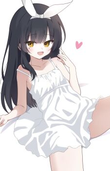 1girl :d black_hair commentary_request dress fangs flat_chest hanakoizumi_yoruno heart highres long_hair looking_at_viewer mole mole_under_eye open_mouth original skin_fangs smile solo sundress white_background white_dress yellow_eyes