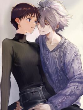 Rule 34 | 2boys, black pants, blue eyes, brown hair, closed mouth, commentary, commentary request, eye contact, grey hair, hair between eyes, high collar, highres, ikari shinji, long sleeves, looking at another, male focus, multiple boys, nagisa kaworu, neon genesis evangelion, on lap, pants, red eyes, shirt tucked in, short hair, soraaaa53, sweater, symbol-only commentary, v-neck, yaoi