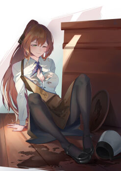absurdres accident arm_support breasts brown_hair cleavage coffee coffee_pot collared_shirt commentary_request cy9 fallen_down full_body girls'_frontline green_eyes highres large_breasts long_hair long_sleeves mary_janes on_floor one_eye_closed open_clothes open_shirt pantyhose ponytail shirt shoes sitting solo spill springfield_(girls'_frontline) tearing_up tray uid:41624170 wet wet_clothes wet_shirt white_shirt wooden_floor