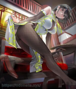 1girl alternate_costume architecture arm_support armpit_crease ass bare_shoulders black_hair breasts brown_pantyhose brown_shoes chair china_dress chinese_clothes cleavage closed_mouth clothes_lift collared_dress commentary_request commission detached_sleeves dress dress_lift east_asian_architecture floral_print floral_print_dress from_below full_body glasses green_eyes green_ribbon green_trim hair_ornament hairpin head_tilt high_heels indoors large_breasts leaning_forward leg_focus legs looking_at_viewer looking_down multiple_hairpins neck_ribbon nijisanji odonata_xyz on_chair on_one_knee pantyhose pelvic_curtain print_dress ribbon see-through_cleavage see-through_clothes see-through_sleeves seto_miyako shoes short_hair skeb_commission sleeveless sleeveless_dress smile solo table virtual_youtuber watermark web_address white_dress