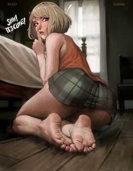 1girl artist_name ashley_graham ass bare_legs bare_shoulders barefoot blonde_hair blurry blurry_background blush bob_cut bubmoni chair character_name commentary curtains eyelashes feet finger_to_mouth foot_focus green_eyes green_skirt highres indoors legs looking_at_viewer medium_hair on_ground orange_shirt orange_tank_top panties parted_lips plaid_clothes plaid_skirt resident_evil resident_evil_4 shirt shushing skirt sleeveless sleeveless_shirt smell soles solo steam tank_top thighs toenails toes underwear white_panties wooden_floor