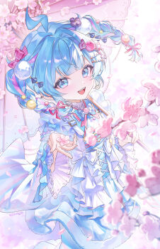 Rule 34 | 1girl, :d, absurdres, ahoge, blue bow, blue bowtie, blue eyes, blue hair, blue kimono, blurry, blurry foreground, bow, bowtie, braid, candy hair ornament, cherry blossoms, commentary, earrings, fang, feet out of frame, flower, food-themed hair ornament, frilled kimono, frills, fur-trimmed kimono, fur trim, hair bow, hair flaps, hair intakes, hair ornament, hairclip, highres, holding, holding flower, holding umbrella, hololive, hololive dev is, japanese clothes, jewelry, kimono, lightning ahoge, long sleeves, looking at viewer, mizumiya su, mizumiya su (new year), multicolored hair, official alternate costume, official alternate hairstyle, oil-paper umbrella, ongya, open mouth, outdoors, parallel hairclips, petals, pink bow, pink streaks, pom pom (clothes), pom pom hair ornament, smile, solo, streaked hair, teeth, twin braids, twitter username, two-tone hair, umbrella, upper teeth only, virtual youtuber