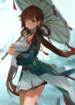 1girl absurdres baiser3rd bell breasts brown_eyes brown_hair chinese_clothes commentary_request cowboy_shot dress hair_bell hair_ornament hair_rings highres holding holding_umbrella honkai_(series) honkai_impact_3rd korean_commentary large_breasts li_sushang li_sushang_(peregrine_sword) long_hair long_sleeves looking_at_viewer parasol solo umbrella very_long_hair white_dress