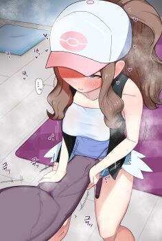 1boy 1girl absurdres baseball_cap black_vest blue_eyes blush breasts brown_hair commentary_request cutoffs dark-skinned_male dark_skin denim denim_shorts fingering hat heart heart-shaped_pupils hetero highres hilda_(pokemon) huge_filesize long_hair looking_at_another medium_breasts muscular muscular_male nintendo open_mouth paid_reward_available poke_ball_print pokemon pokemon_bw ponytail shirt short_shorts shorts sidelocks solo_focus standing steaming_body symbol-shaped_pupils togeimeizin unbuttoned veins veiny_arms vest white_shirt