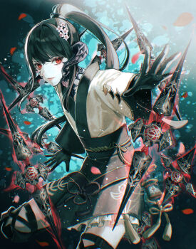 Rule 34 | 1other, au ra, black horns, black scales, black tail, boots, commission, commissioner upload, dragon horns, falling petals, final fantasy, final fantasy xiv, flower, hair flower, hair ornament, high ponytail, highres, horns, izumi tol amulius, japanese clothes, kimono, long hair, looking at viewer, original, petals, ponytail, red eyes, sakuyu, scales, simple background, skeb commission, solo, solo focus, thigh boots, yukata