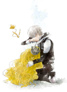 1boy 1girl abstract_background absurdres allen_walker belt black_belt black_boots black_coat blonde_hair blue_background boots buttons carrying carrying_person clenched_hand coat collared_coat creature cross crying d.gray-man emblem facing_another facing_to_the_side fake_horns feathered_wings golem_(d.gray-man) grey_hair grey_helmet hair_over_eyes hand_on_another's_back hand_up helmet highres hood hood_down hooded_coat horizontal-striped_belt horned_helmet horns iyo_(kurumiwarin) kneeling lala_(d.gray-man) long_coat long_hair long_sleeves looking_down looking_up music musical_note parted_bangs short_hair silver_buttons striped_belt striped_coat tail teardrop tears timcanpy vertical-striped_coat very_long_hair wavy_hair white_background wings