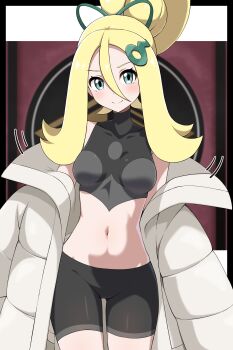 1girl absurdres bare_shoulders black_shirt black_shorts blonde_hair blue_eyes blush breasts closed_mouth coat commentary_request crop_top hair_between_eyes highres korrina_(pokemon) long_hair looking_at_viewer medium_breasts navel nintendo open_clothes open_coat pokemon pokemon_legends:_z-a ponytail shabana_may shirt shorts sleeveless sleeveless_shirt smile solo stomach winter_clothes winter_coat