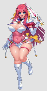 144_(riesztan) 1girl :d blue_eyes boots bow breasts choukou_(alicesoft) choukou_tenshi_escalayer cleavage commentary_request covered_erect_nipples covered_navel curvy dagger dress elbow_gloves escalayer full_body gloves grey_background hair_bow hair_ornament high_heel_boots high_heels highres holding holding_dagger holding_knife holding_sword holding_weapon knee_boots knife kouenji_madoka large_breasts leotard long_hair looking_at_viewer magical_girl open_mouth panties pink_dress pink_hair plump puffy_sleeves red_hair shiny_skin short_dress short_sleeves simple_background skirt smile solo standing standing_on_one_leg sword thick_thighs thigh_strap thighs underwear weapon white_gloves white_panties wide_hips yellow_bow