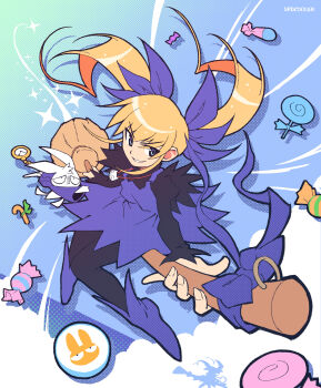 1girl blonde_hair blue_eyes boots broom broom_riding cloud dress full_body grin gunbird highres marion pomupomu rabbit sky smile spdcooler twintails watch witch