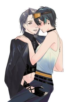 2girls bare_arms black_choker black_gloves black_hair black_jacket black_pants black_shirt blush chinese_commentary choker cinnabar_(path_to_nowhere) claws closed_mouth commentary_request ear_piercing earclip gloves goggles goggles_on_head grey_eyes grey_lips hakson777 hand_on_another&#039;s_waist highres jacket jacket_on_shoulders looking_at_another midriff multiple_girls navel pants parted_lips path_to_nowhere piercing shirt short_hair simple_background tank_top white_background white_tank_top yuri zoya_(path_to_nowhere)