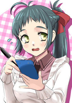 Rule 34 | 1girl, antenna hair, apron, black necktie, clipboard, collared shirt, commentary request, flying sweatdrops, gingham background, green eyes, green hair, highres, irako (kancolle), kantai collection, kappougi, long hair, necktie, nekotarou (nktr299), pen, pink background, pink shirt, ponytail, shirt, solo, upper body