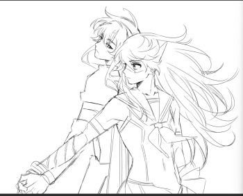 2girls bare_shoulders bracelet chinese_commentary closed_mouth commentary expressionless eye_mask greyscale holding_hands jewelry jiguang_haibao koishikawa_iko leotard long_hair mask monochrome multiple_girls neckerchief profile sailor_collar shy_(character) shy_(series) unfinished upper_body