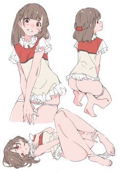 1girl ass bare_legs commentary_request dress frills from_behind highres looking_at_viewer lying multiple_views no_panties no_pants on_back original panties panty_pull popman3580 red_eyes solo underwear white_background