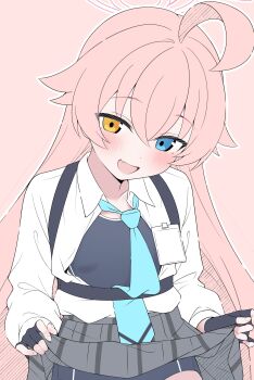 1girl absurdres ahoge blue_archive blue_eyes blue_one-piece_swimsuit commentary_request competition_school_swimsuit fingerless_gloves gloves halo heterochromia highres hoshino_(blue_archive) long_hair mistel_(sukebemistel) necktie one-piece_swimsuit pink_background pink_hair school_swimsuit shirt skirt solo swimsuit swimsuit_under_clothes white_shirt yellow_eyes