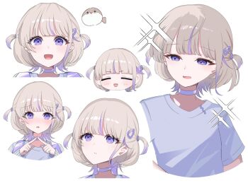 1girl blonde_hair blush chibi choker closed_eyes commentary_request highres hololive hololive_dev_is index_fingers_together krn838 looking_at_viewer multicolored_hair multiple_views open_mouth purple_choker purple_eyes purple_hair shirt short_hair simple_background streaked_hair t-shirt todoroki_hajime todoroki_hajime_(1st_costume) two_side_up virtual_youtuber white_background white_shirt