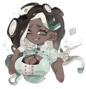 1girl aqua_shirt black_bra black_hair blush bra bra_peek breasts cephalopod_eyes cleavage cleavage_cutout clothing_cutout commentary_request cropped_torso dark-skinned_female dark_skin earrings evil_grin evil_smile finger_to_cheek gloves gradient_hair green_eyes green_hair grin half_gloves hand_on_own_face heart highres holding holding_syringe jewelry lace lace-trimmed_bra lace_trim large_breasts long_hair looking_at_viewer marina_(splatoon) mole mole_under_mouth multicolored_hair nintendo nurse octoling one_eye_closed parted_lips piercing pink_pupils shirt short_eyebrows simple_background smile solo sparkle splatoon_(series) stud_earrings suction_cups syringe teeth tentacle_hair thick_eyebrows togetoge two-tone_hair underwear upper_body very_dark_skin white_background white_gloves