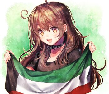 1girl :d ahoge artist_name artist_self-insert black_choker black_shirt blush brown_hair choker collarbone commentary cowlick double-parted_bangs english_commentary fingernails flag green_background hair_between_eyes hair_over_shoulder hands_up highres holding holding_flag kuwaiti_flag long_hair looking_at_object looking_down open_mouth orange_eyes original outline sasucchi95 shirt short_sleeves simple_background smile solo t-shirt teeth tongue upper_body upper_teeth_only yellow_outline