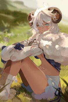 1girl absurdres blue_eyes blue_shorts blurry blurry_background braid commentary depth_of_field grass grin highres horns long_hair looking_at_viewer navel original sheep_girl sheep_horns shorts sitting slippers smile socks solo symbol-only_commentary tea_(teahrii) twin_braids white_hair white_slippers white_socks