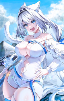1girl absurdres animal_ear_fluff animal_ears bare_shoulders blue_bow blue_eyes blue_ribbon blue_thighhighs blush bow breasts cat_ears cat_girl cat_tail cleavage clothing_cutout commentary_request detached_collar detached_sleeves diamond_cutout dobrynya_nikitich_(fate) dobrynya_nikitich_(second_ascension)_(fate) dress fate/grand_order fate_(series) fur_trim hair_bow hairband highres large_breasts long_hair looking_at_viewer low_ponytail navel open_mouth pepu_3_9 ponytail ribbon short_dress smile solo tail thighhighs thighs white_dress white_hair