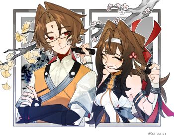 Rule 34 | 1boy, 1girl, armlet, bare shoulders, branch, breasts, brother and sister, brown hair, brown tail, calx, china dress, chinese clothes, closed eyes, closed mouth, clover, clover hair ornament, crossed arms, drawing on another's face, dress, droopy ears, falling leaves, glasses, grin, hair intakes, hair ornament, hairband, hands up, hashtag-only commentary, head tilt, highres, holding, holding marker, jewelry, leaf, long hair, looking at another, marker, medium breasts, metal bracelet, orange vest, red eyes, red ribbon, ribbon, see-through clothes, siblings, silver armlet, smile, twitter username, upper body, vest, white hairband, ye shiyuan, ye shunguang, zenless zone zero