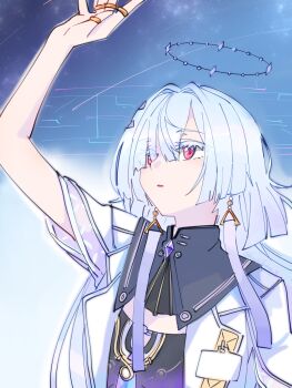 1girl arm_up colored_eyelashes commentary_request dress earrings grey_hair hachikuma_z halo highres id_card jacket jewelry long_hair looking_up mornye_(wuthering_waves) outdoors parted_lips purple_dress red_eyes sky solo star_(sky) starry_sky triangle_earrings upper_body white_jacket wuthering_waves