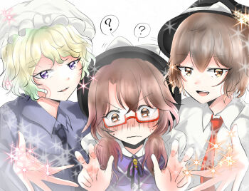 3girls ? alternate_costume androgynous black_hat black_necktie black_ribbon blonde_hair blue_shirt bow brown_eyes brown_hair closed_mouth collared_shirt commentary_request double_w embarrassed hair_between_eyes hat hat_bow kuronon long_sleeves maribel_hearn medium_hair multiple_girls neck_ribbon necktie open_mouth plaid_clothes plaid_vest purple_eyes purple_vest quimbaya_airplane red_necktie ribbon shirt short_hair signature sparkle spoken_question_mark teeth touhou upper_teeth_only usami_renko usami_sumireko vest w white_background white_bow white_shirt