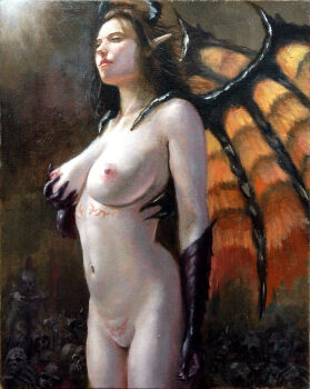 1girl black_gloves black_hair breasts closed_eyes closed_mouth commentary_request completely_nude cowboy_shot demon_girl demon_wings from_side gloves grabbing_own_breast hand_up highres horns kasumi_kaworu large_breasts navel nipples nude oil_painting_(medium) original painting_(medium) pointy_ears pubic_tattoo realistic skeleton solo standing stomach tattoo traditional_media wings