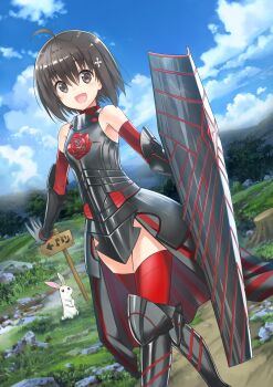 ai-generated armor black_armor black_gauntlets black_hair field gauntlets grey_eyes maple_(bofuri) rabbit shield sign sky
