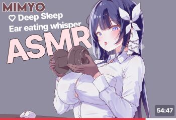 1girl absurdres asmr binaural_microphone blue_eyes blush breasts brown_gloves button_gap character_name commentary computer_mouse double-parted_bangs english_commentary english_text gloves grey_background hair_ribbon heavy_breathing highres holding holding_microphone indie_virtual_youtuber large_breasts long_hair long_sleeves looking_at_viewer microphone mimyo_(vtuber) open_mouth progress_bar rapid17 ribbon saliva saliva_trail shirt simple_background solo taut_clothes taut_shirt tongue tongue_out upper_body virtual_youtuber white_ribbon white_shirt