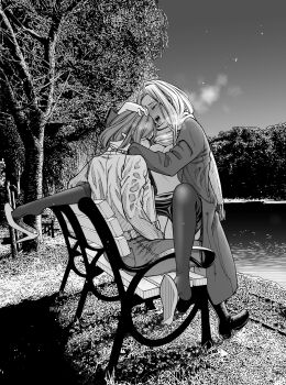 2girls absurdres blush breasts clothes_pull coat commentary_request fingering hand_on_another's_head high_heels highres jacket large_breasts long_hair long_sleeves multiple_girls nanatsu_fuji night open_clothes open_coat open_mouth original outdoors pants pantyhose pantyhose_pull public_indecency river scarf sitting sitting_on_lap sitting_on_person sky smile sweat tree yuri
