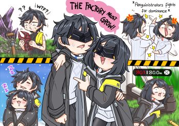 1boy 1girl :d ? ?? ^^^ anger_vein arknights arknights:_endfield black_hair black_jacket black_pants black_pantyhose black_shirt blank_eyes blush chibi dirty dirty_clothes dirty_face endministrator_(arknights) english_text eye_mask female_endministrator_(arknights) gameplay_mechanics guin_guin hair_between_eyes hair_ornament highres holding hole jacket lying male_endministrator_(arknights) mask on_grass on_side open_clothes open_jacket open_mouth pants pantyhose purple_eyes ribbed_sweater shared_clothes shared_jacket shirt shovel sleeveless sleeveless_shirt smile snowing sweat sweater white_sweater zzz