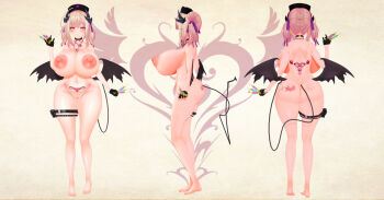 1girl 3d ass_tattoo blonde_hair breasts choker demon_girl demon_tail demon_wings gloves hat huge_breasts multiple_views nude nurse nurse_cap ribbon simple_background stethoscope stomach_tattoo syringe syringe_holster tail tattoo twintails wings