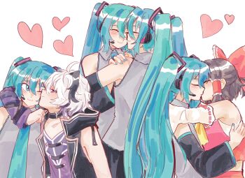 4girls arms_around_neck black_choker black_hair blue_hair blue_nails bow choker closed_eyes closed_mouth commentary crossover detached_sleeves english_commentary flower_(vocaloid) grey_shirt hair_bow hair_tubes hakurei_reimu hatsune_miku headset heart highres kiss kiss_meter_(meme) kissing_cheek long_hair meme microphone multiple_girls purple_shirt red_bow selfcest shirt simple_background sleeveless sleeveless_shirt smile touhou twintails vocaloid white_background yuri zero_(misamxsa08)
