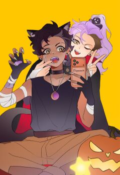 2girls amity_blight animal_ears bridal_gauntlets brown_hair cape enennnn10 eyebrow_cut fangs finger_in_another&#039;s_mouth fingerless_gloves fingernails gloves halloween halloween_costume highres jack-o&#039;-lantern jewelry luz_noceda multiple_girls necklace open_mouth pointy_ears purple_hair scar scar_on_face selfie sharp_fingernails stitches tail tank_top the_owl_house vampire_costume werewolf_costume wolf_ears wolf_tail yellow_background