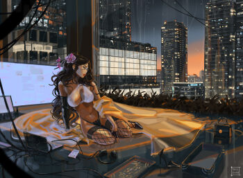 1girl arm_support artist_name asymmetrical_gloves bag black_gloves black_hair breasts building city cleavage commentary commission computer english_commentary fingerless_gloves fishnet_thighhighs fishnets flower glasses gloves hair_flower hair_ornament handbag headphones high_heels highres laptop large_breasts long_hair navel night original paid_reward_available sitting solo tatti_art thighhighs uneven_gloves variant_set window yokozuwari