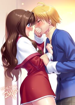 1boy 1girl ahoge blonde_hair blue_eyes blue_jacket blush brown_hair capelet clenched_hand closed_eyes commentary_request commission cowboy_shot dress embarrassed fingernails from_side green_pants hair_between_eyes hair_intakes hands_up hetero highres holding_another's_wrist jacket kanon kitagawa_jun leaning_forward long_hair long_sleeves looking_at_another misaka_kaori open_mouth pants plaid_clothes plaid_pants profile red_dress rejected_kiss school_uniform second-party_source shadow short_dress short_hair signature simple_background skeb_commission sweat tareme teeth upper_teeth_only v-shaped_eyebrows white_capelet yellow_background zen_(kamuro)