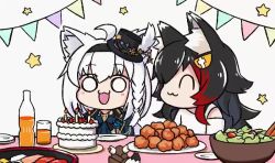 2girls :3 animal_ear_fluff animal_ears animated ascot ashiga_oreta black_hair blue_jacket braid cake cup earrings eating feeding flag food fork fox_ears fox_girl fox_tail glasses hair_between_eyes hair_ornament hairclip hat holding holding_fork hololive jacket jewelry looking_at_another mini_hat multicolored_hair multiple_girls o_o ookami_mio ookami_mio_(hoodie) oruyanke_(shirakami_fubuki) plate red_hair salad shirakami_fubuki shirakami_fubuki_(parade_dress) shirt sidelocks single_braid star_(symbol) table tail two-tone_hair video virtual_youtuber white_hair white_shirt wolf_ears wolf_girl