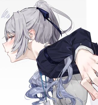 1girl black_coat breasts bronya_zaychik bronya_zaychik_(silverwing:_n-ex) coat commentary_request from_side grey_eyes grey_hair grey_sweater hanging_breasts highres honkai_(series) honkai_impact_3rd id_card large_breasts ramao24 ribbed_sweater short_hair simple_background solo sweater white_background