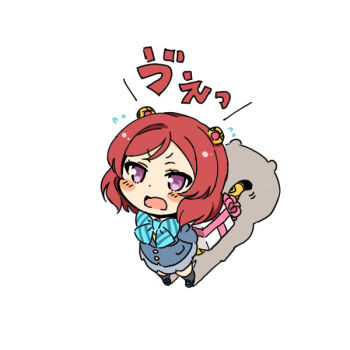 Rule 34 | 1girl, animal ears, blazer, blue bow, blue bowtie, blue jacket, blue skirt, bow, bowtie, box, chibi, chibi only, diagonal-striped bow, flying sweatdrops, gift, gift box, holding, holding behind back, holding gift, jacket, leopard ears, leopard girl, leopard tail, looking at viewer, love live!, love live! school idol project, medium hair, miniskirt, nishikino maki, open mouth, otonokizaka school uniform, pleated skirt, purple eyes, red hair, school uniform, shinanoya (satanicad), short eyebrows, simple background, skirt, solo, striped bow, tail, v-shaped eyebrows, white background