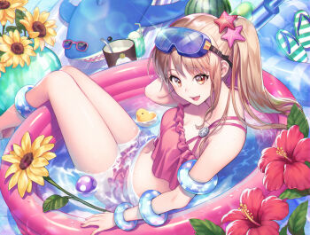 1girl :d ball bare_legs bare_shoulders bikini breasts cleavage collarbone commentary_request cup drinking_glass flower food frilled_bikini frills from_side fruit glint goggles goggles_on_head hair_ornament inflatable_armbands inflatable_pool inflatable_shark inflatable_toy long_hair looking_at_viewer looking_to_the_side medium_breasts open_mouth original partially_submerged pink_bikini ponytail red_eyes rubber_duck sandals sidelocks sitting smile solo spoon star_(symbol) starfish_hair_ornament sunflower swimsuit unworn_sandals very_long_hair wading_pool watermelon yamigo yellow_flower