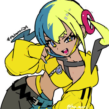 1girl aqua_hair bandeau blonde_hair canari_(pokemon) center-flap_bangs criss-cross_halter criss-cross_straps crop_top curly_sidelocks halterneck harurie highres jacket mask mask_pull mega_stone mouth_mask multicolored_hair nintendo pokemon pokemon_legends:_z-a short_twintails solo split-color_hair twintails two-tone_hair two-tone_mask white_background yellow_jacket