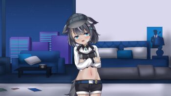 1girl absurdres animal_ear_fluff animal_ears bandaid bandaid_on_face bed black_hair blue_eyes blush building commission couch crossed_arms dog_ears dog_tail embarrassed equus_ignis fangsie_fido hair_ornament highres indoors knee_up knees_up lamp looking_at_viewer open_mouth pillow short_hair skyscraper smile solo tail variance_project virtual_youtuber window