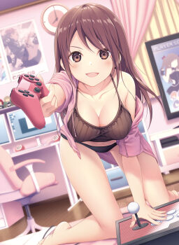 Rule 34 | 1girl, :d, all fours, arcade stick, bare legs, bare shoulders, barefoot, black panties, blush, breasts, brown eyes, brown hair, brown shirt, camisole, chair, cleavage, clock, collarbone, computer, controller, curtains, dengeki moeoh, desk, drawstring, dutch angle, female focus, game controller, highres, holding, holding controller, indoors, jacket, joystick, large breasts, long hair, long sleeves, looking at viewer, no pants, off shoulder, office chair, open clothes, open jacket, open mouth, panties, pink jacket, playstation controller, poster (object), scan, shirt, sidelocks, sleeveless, sleeveless shirt, smile, solo, speaker, swivel chair, television, thighs, underwear, yoshino ryou